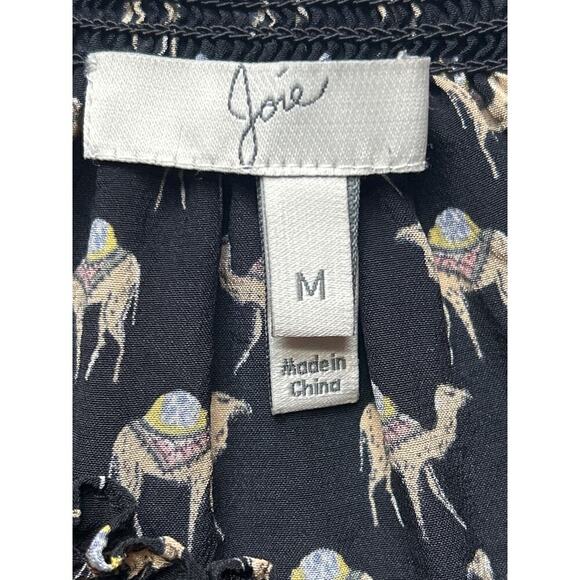 Joie 100% Silk Blouse Top Women's Size Medium Black Camel Print Key Hole Tassels - Picture 6 of 7